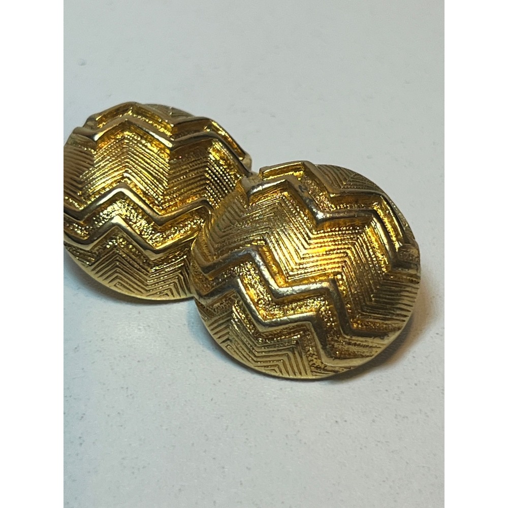 Monet Gold Chevron Clip Earrings Vintage Textured Round Button Statement